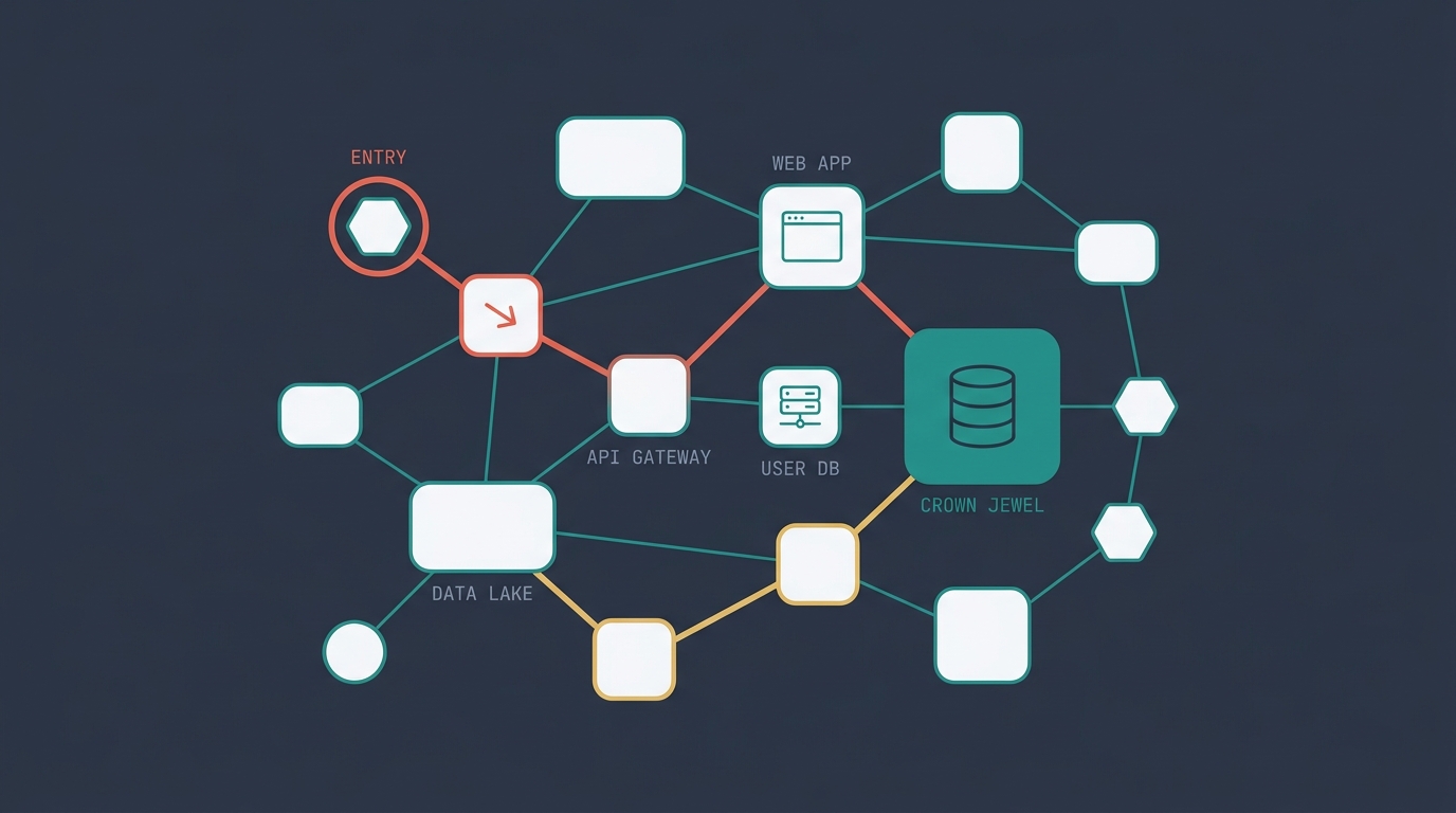 A stylized threat-analysis graph: nodes representing services and components connected by edges, with two attack paths traced — one in coral red from an entry point through API Gateway and Web App, another in amber traversing the data lake — converging on a teal crown-jewel database.
