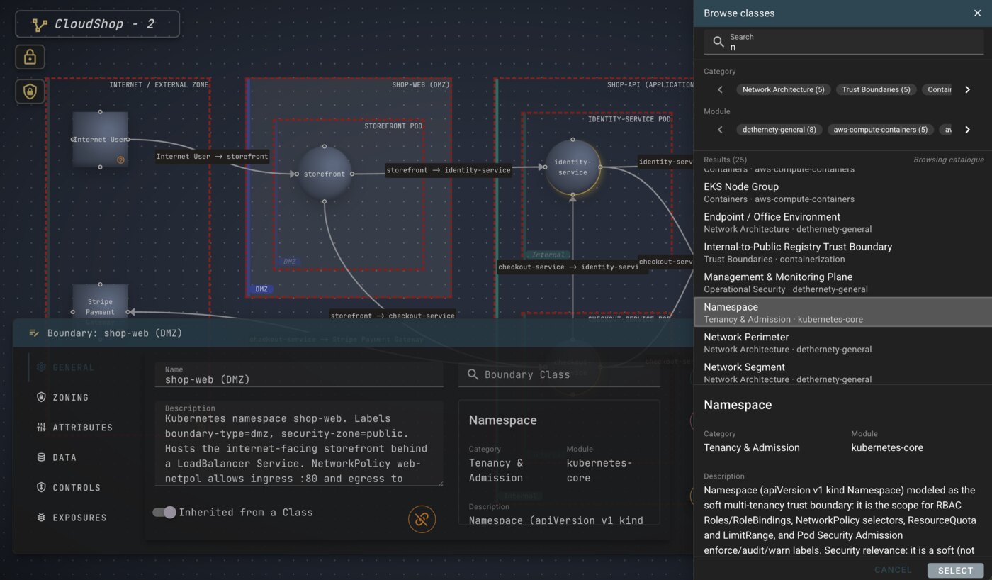 The Browse classes dialog: a search box, Category and Module filter chips, and a scrollable list of 25 results — EKS Node Group, Namespace, Network Perimeter, Network Segment, and more — with a detail pane describing the selected Namespace class as a soft multi-tenancy trust boundary.