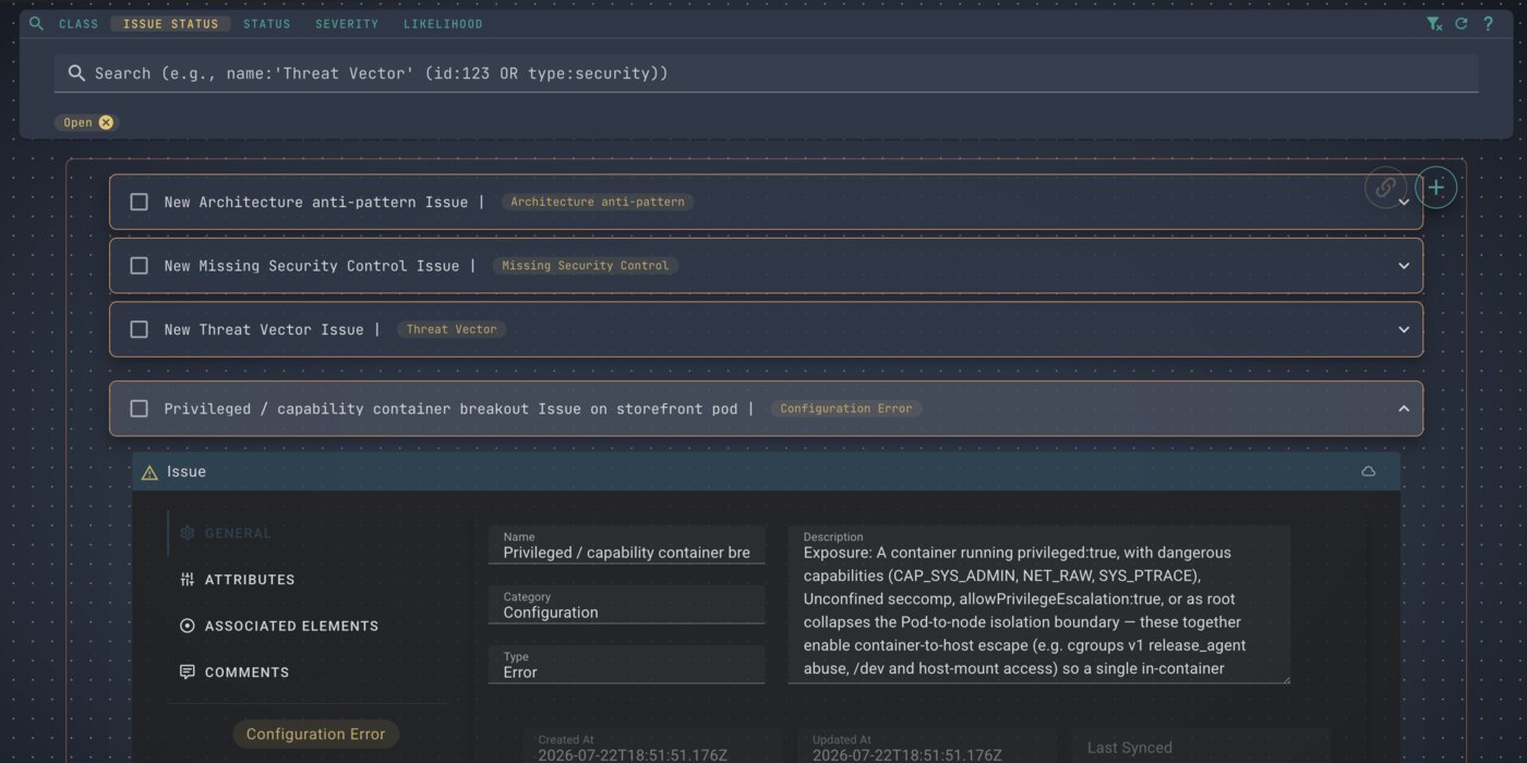 The Issues board filtered to Open: a list including “Privileged / capability container breakout Issue on storefront pod” tagged Configuration Error, expanded to an Issue detail with General / Attributes / Associated Elements / Comments tabs and the exposure’s description carried into the ticket.