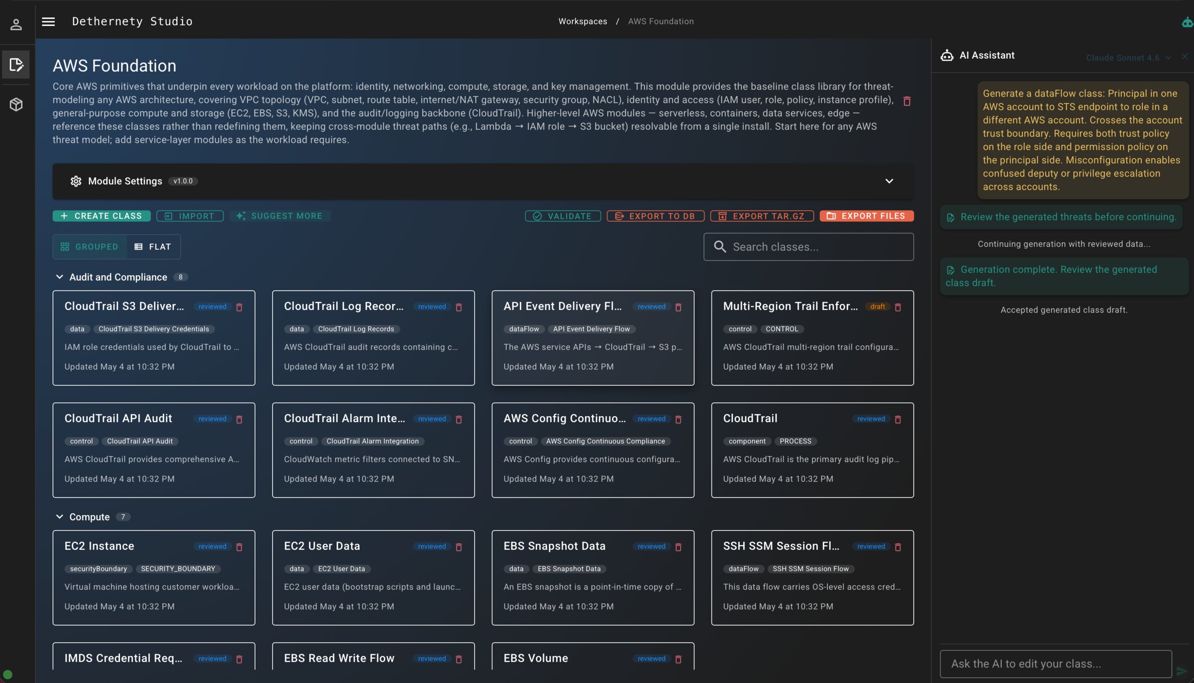 AWS Foundation workspace in Studio showing classes organized by category — Audit and Compliance, Compute, with class cards for CloudTrail, EC2, EBS, IMDS Credential Request, and others.